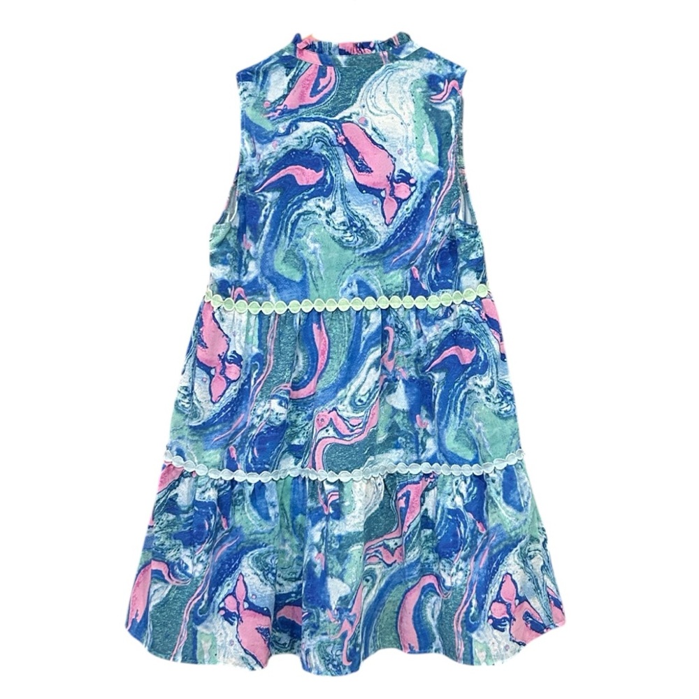 Entro Sleeveless V-Neck Ribbon Detail Tiered Swirl Pattern Dress Size Large - Picture 2 of 11